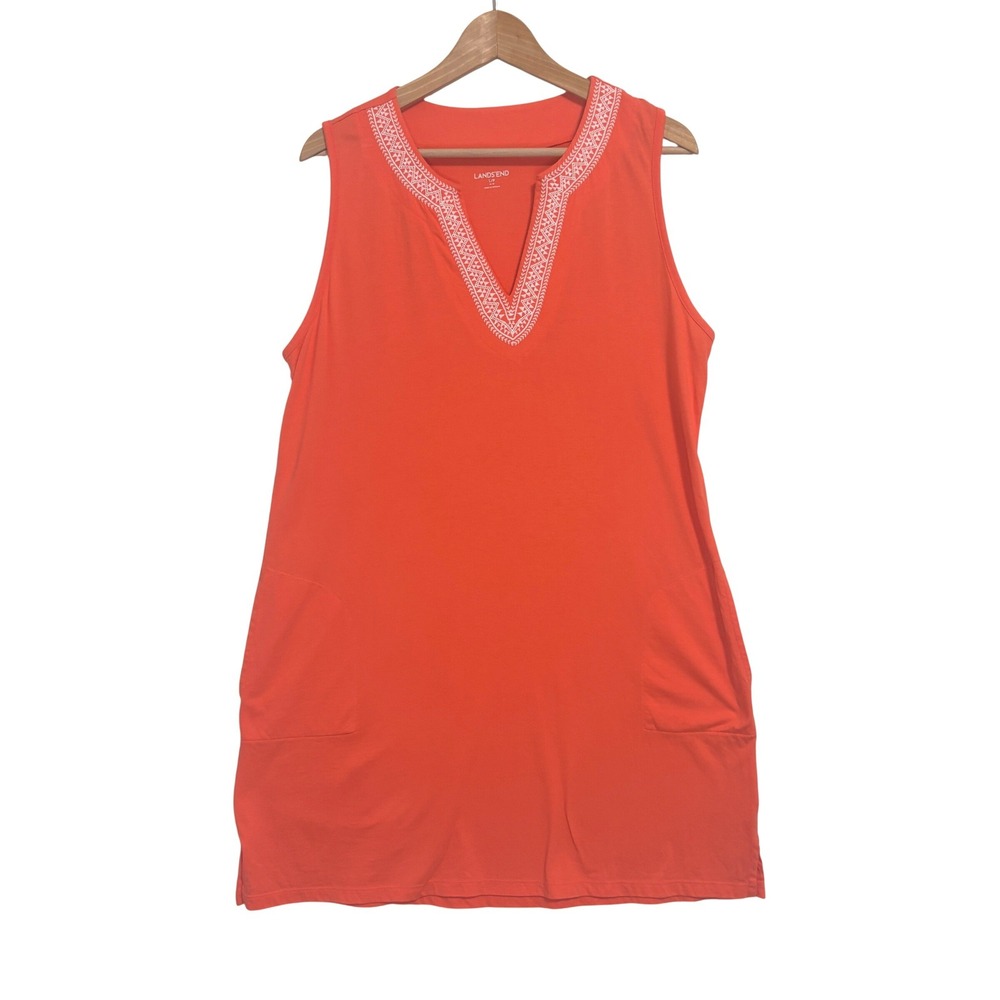 Lands End Dress Cover Up Womens L 14-16 Orange Embroidered Knit Pockets Shift